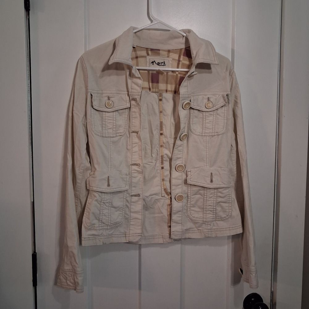 Y2K Nori Corduroy Jacket Women M Cream Button Up Plaid Lined Utility Safari Boho